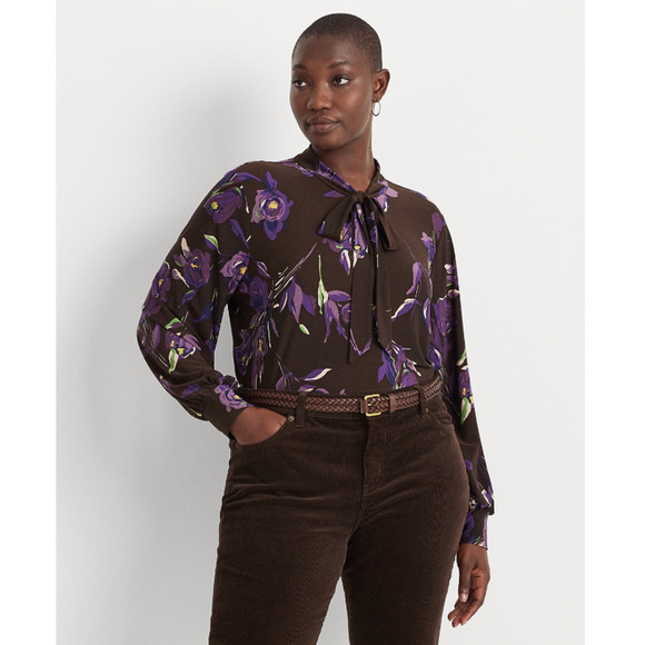 Lauren Ralph Lauren Women Floral Tie Neck Stretch Jersey Top Multi Plus Size 1X - Picture 1 of 1